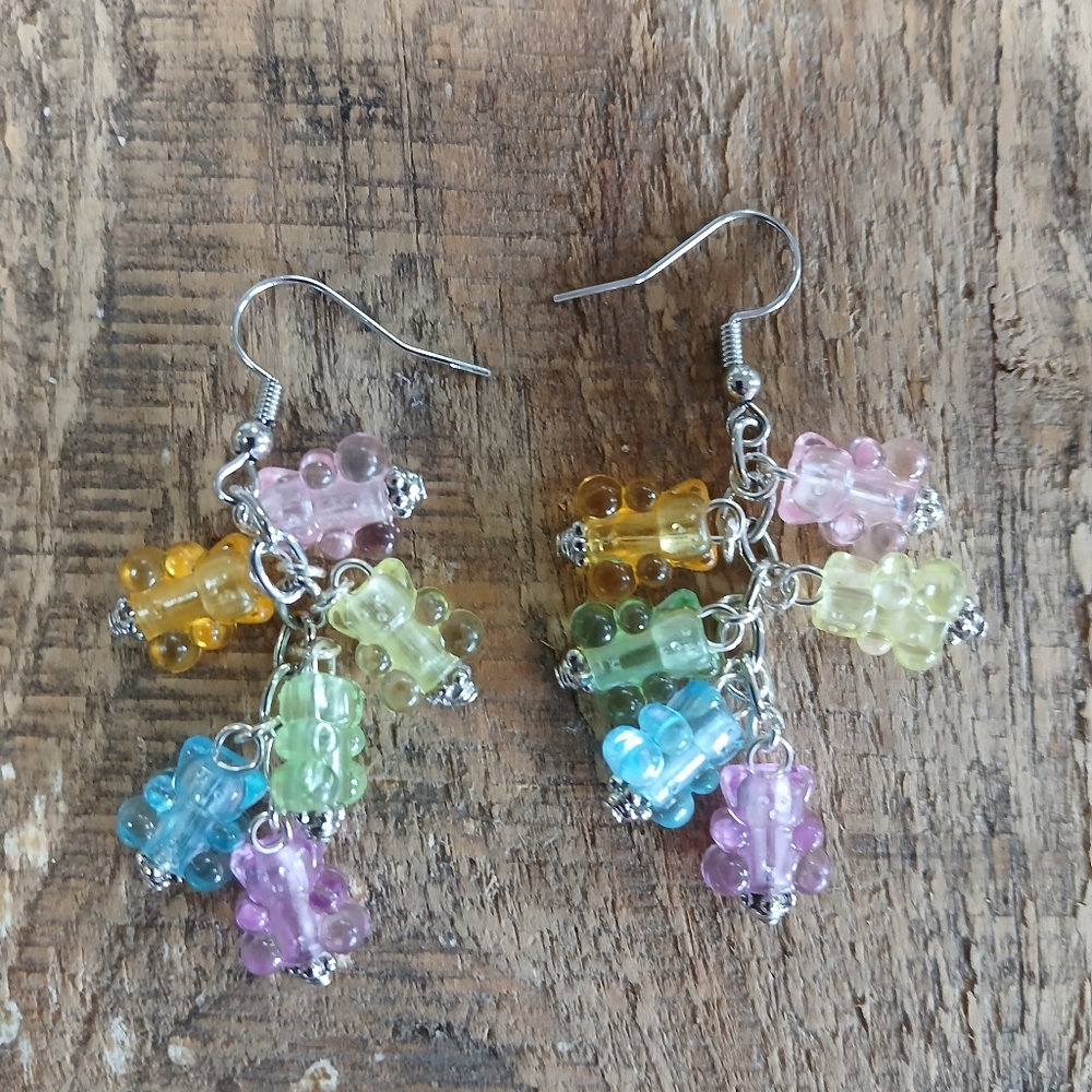 Colorful Beaded Gummy BEARS Cluster Earrings